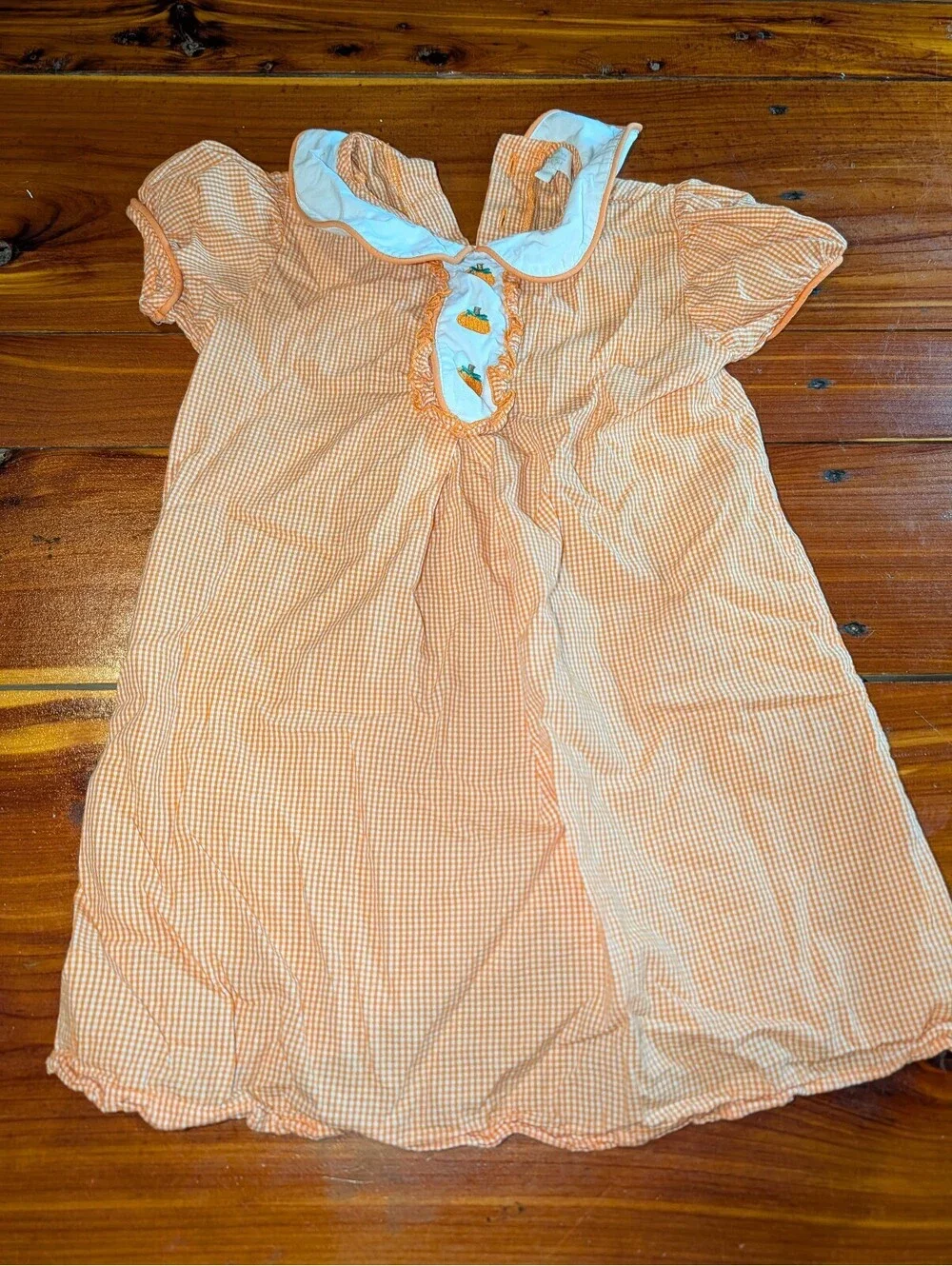 Vintage Orange Gingham Dress with Pumpkin Embroidery, Size 8